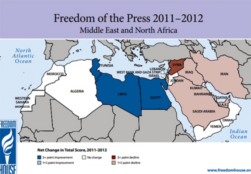 Карта свободы прессы на Ближнем Востоке. Изображение из отчета Freedom House