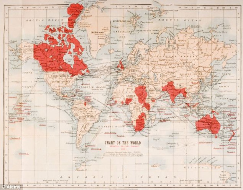 Карта колоний Великобритании в 1901 году (отмечены красным цветом). 