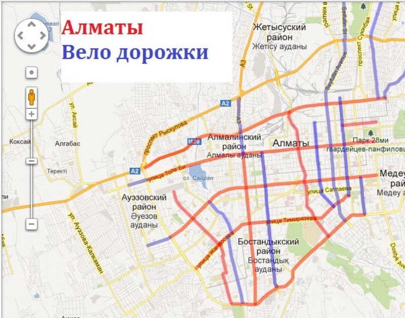 Карта предлагаемых велодорожек Алматы. Скриншот Google Maps.