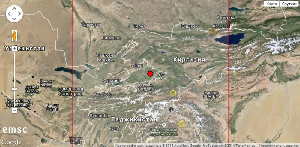 Карта с указанием эпицентра землетрясения с сайта emsc-csem.org