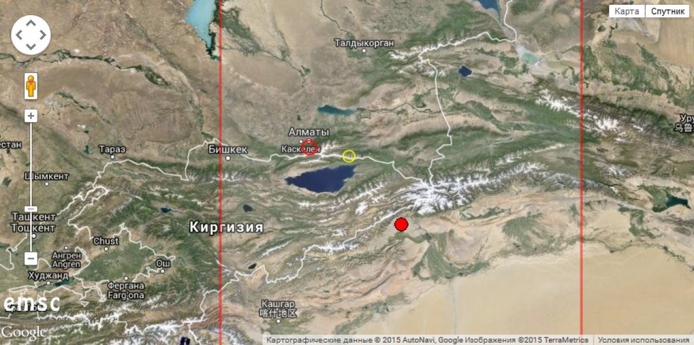 Карта с указанием эпицентра землетрясения с сайта emsc-csem.org