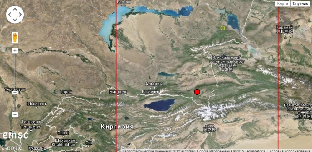 Карта с указанием эпицентра землетрясения с сайта emsc-csem.org